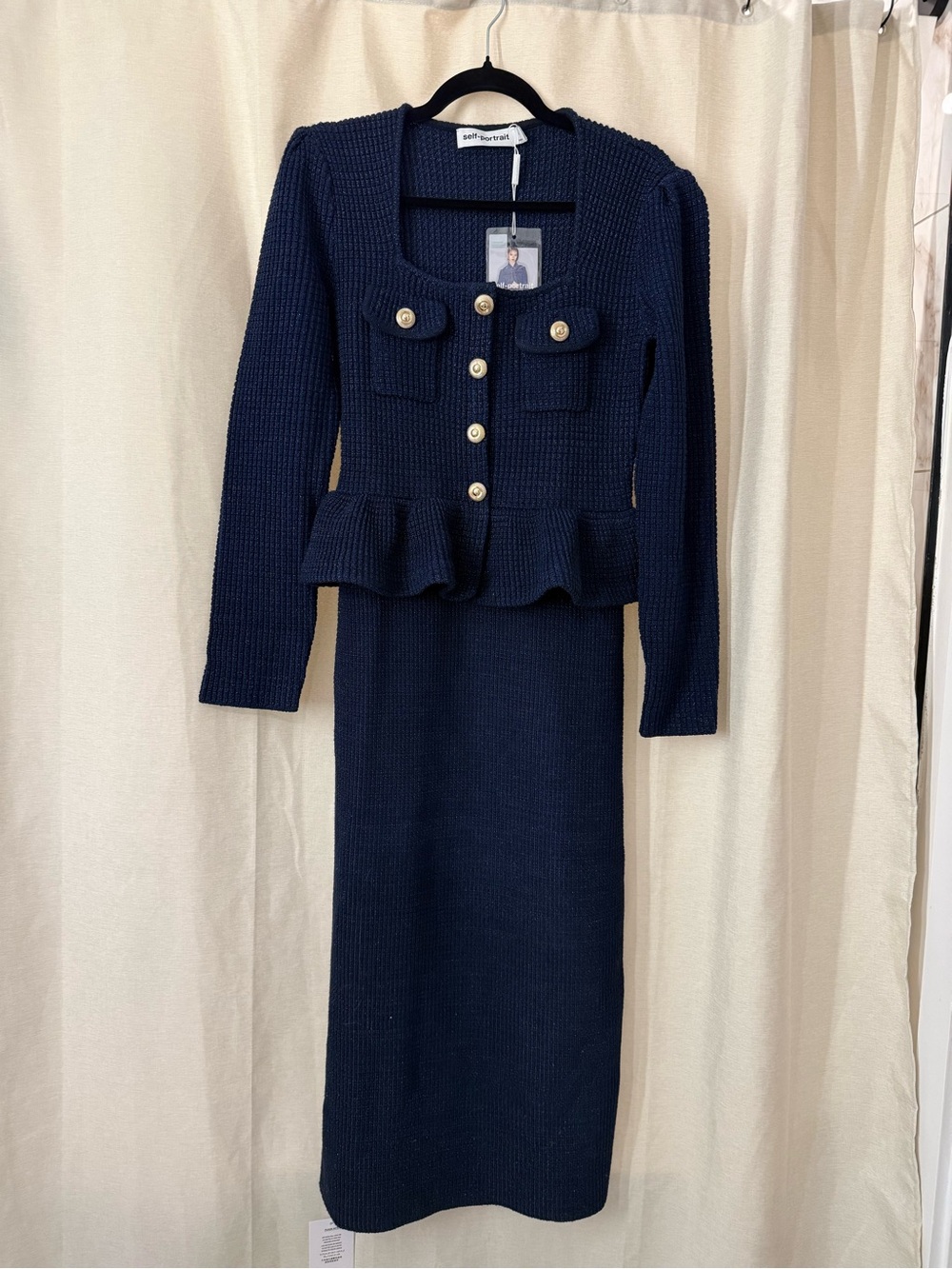 Self-Portrait Navy Knit Peplum Midi Dress NWT - Picture 2 of 2